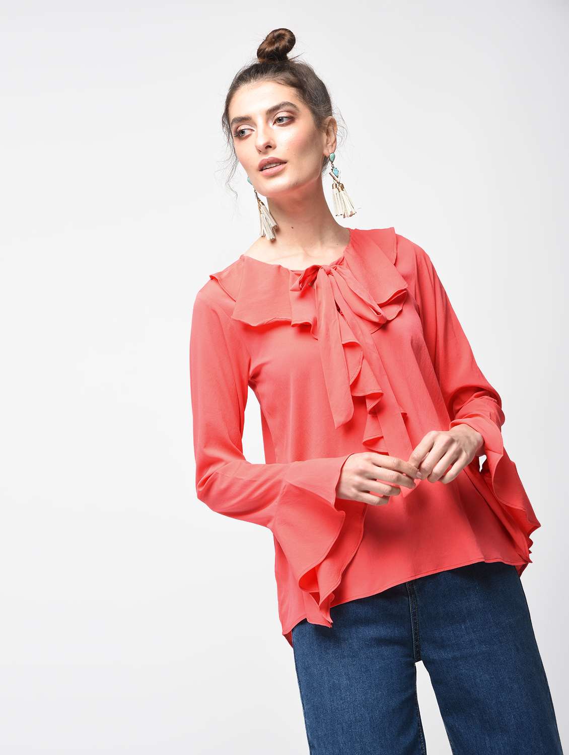 women's ruffle tie-up neck top