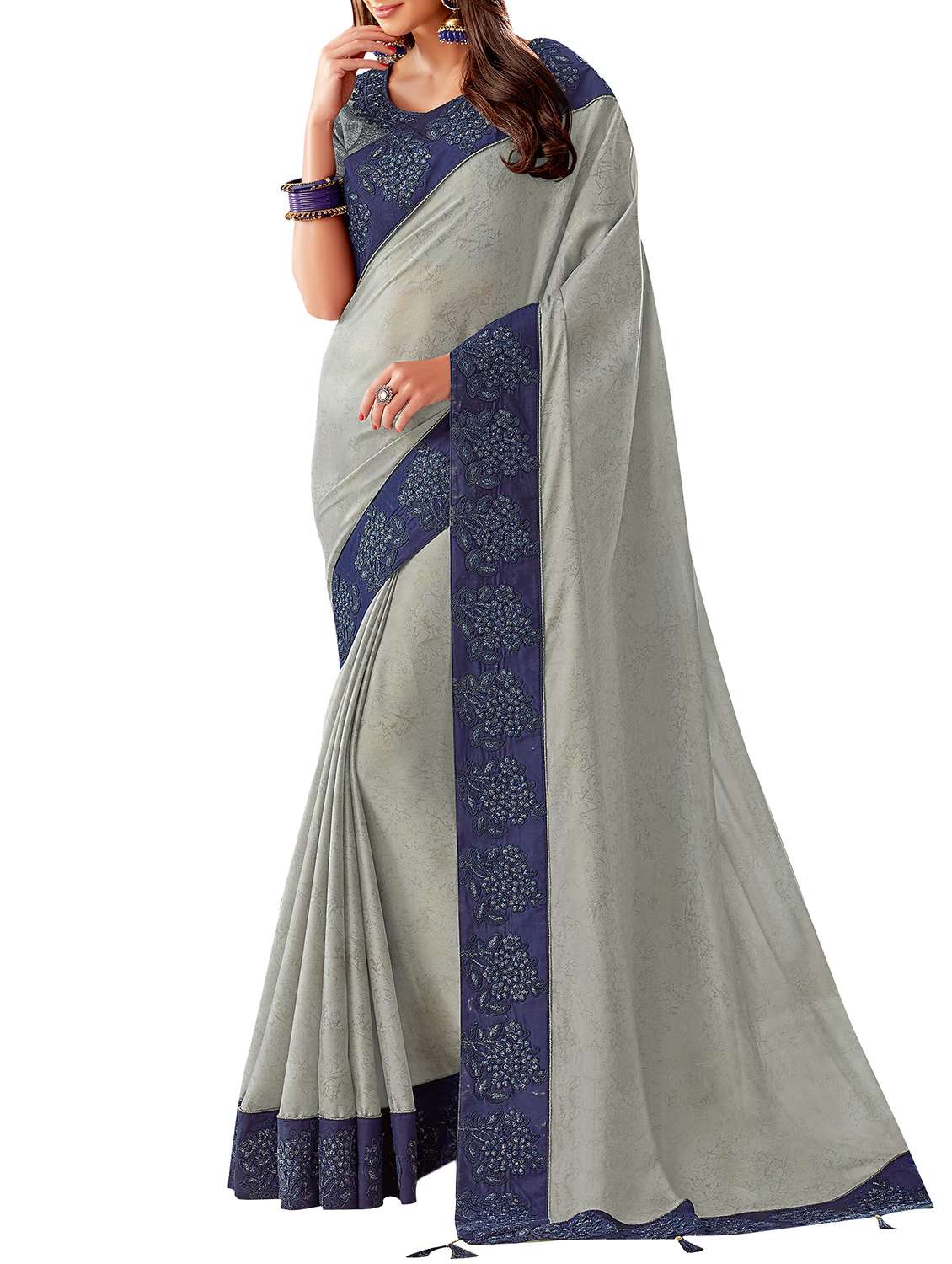 embroidered border solid saree with blouse