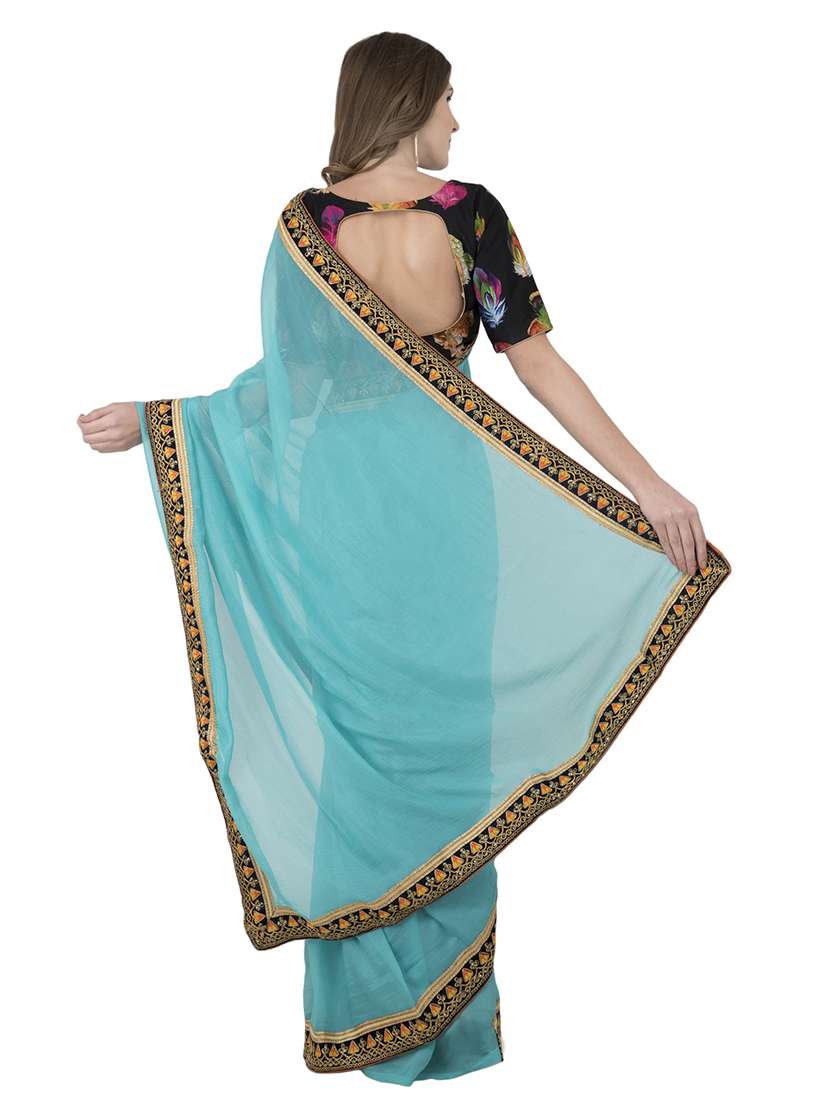 embroidered lace border sky blue saree with blouse - 15891552 -  Standard Image - 1