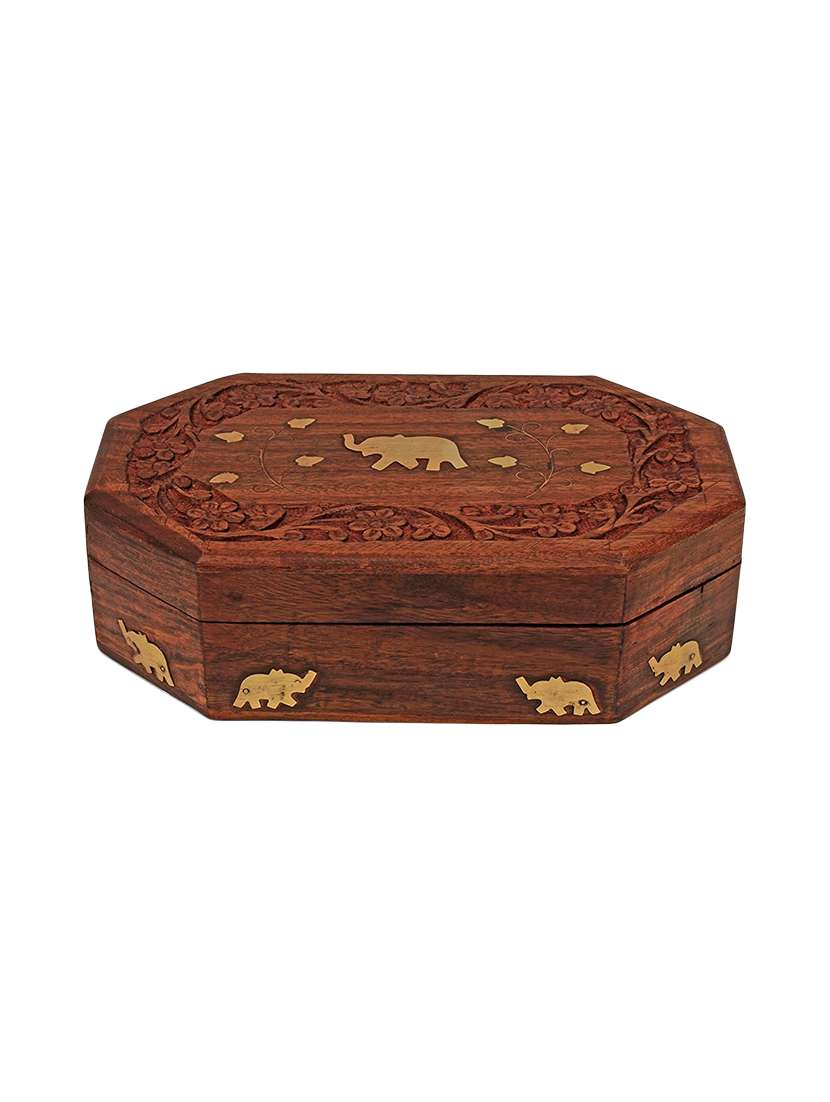 jewellery box rustic hand carved wooden chest (8 x 5) decorative keepsake with elephant brass inlay