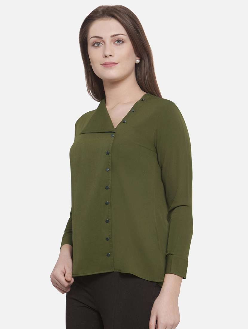 olive green asymmetric shirt