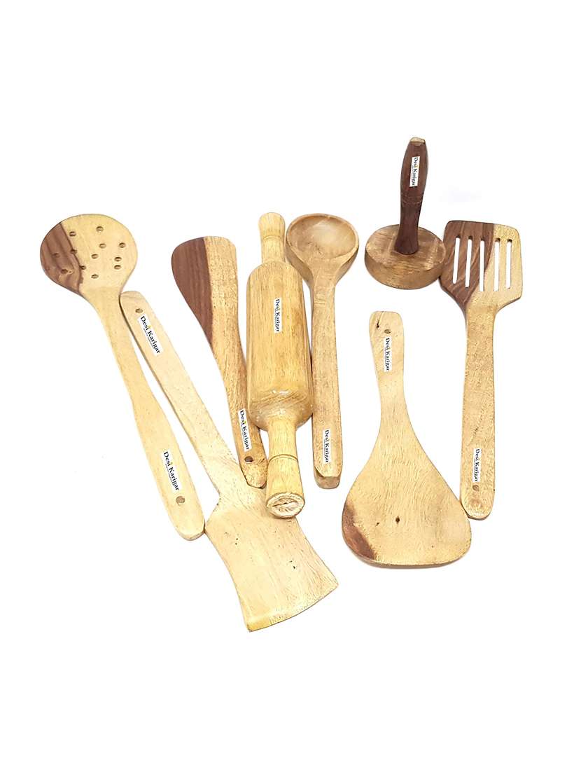 desi karigar brown wooden skimmer set of 8