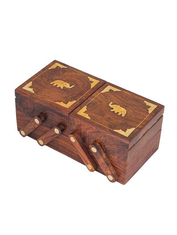 desi karigar 3 in 1 wooden jewellery box with brass elephant design inlay work decorative wedding gift