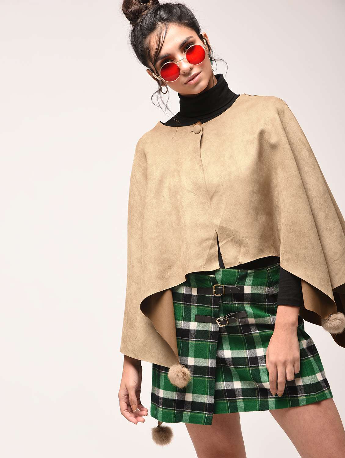 pom pom detail single button tie poncho