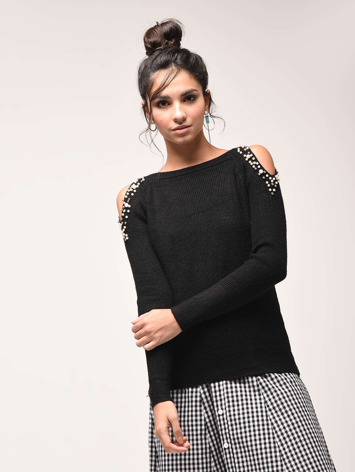 cold shoulder pearl embellished pullover