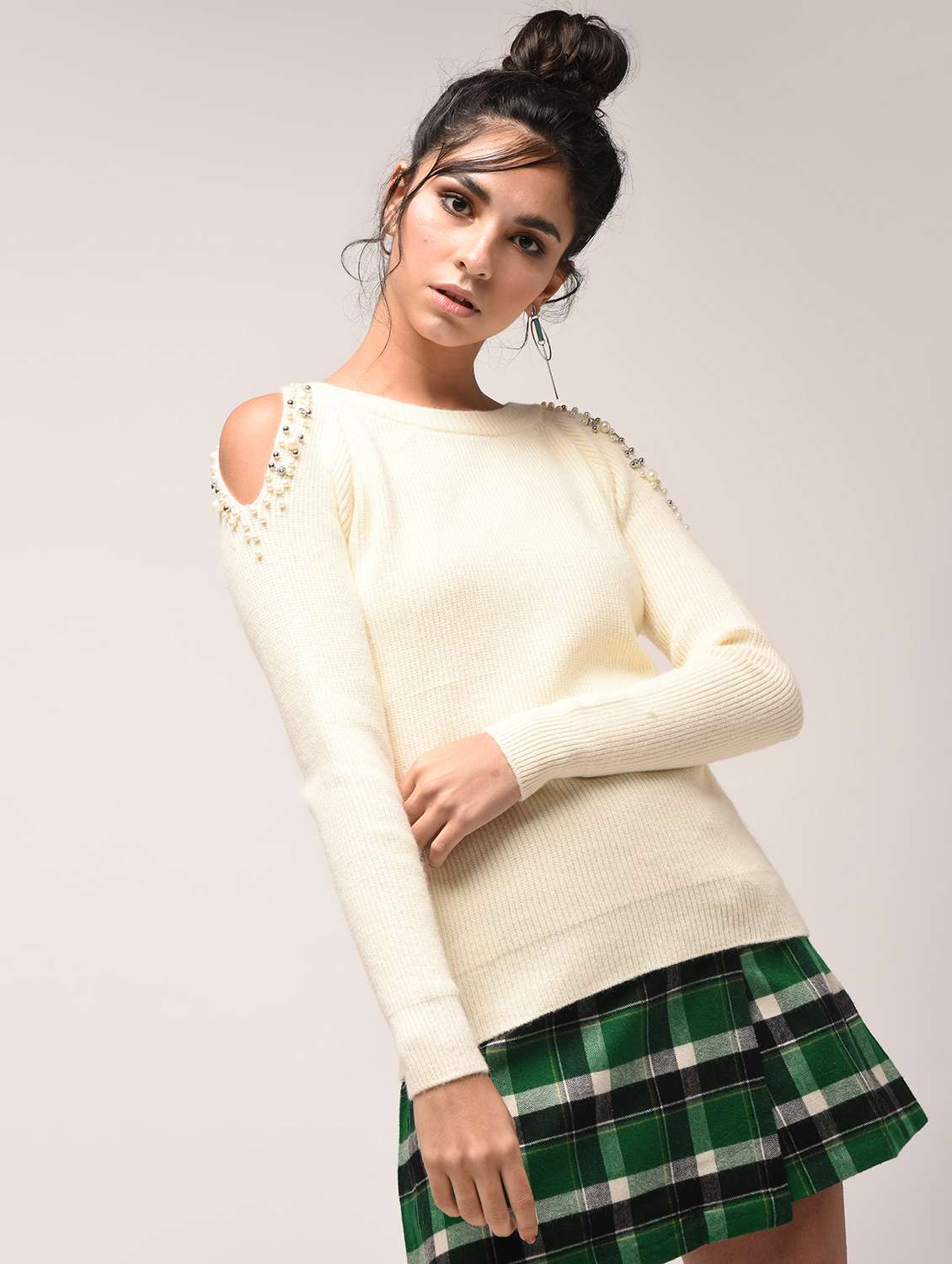 cold shoulder pearl embellished pullover