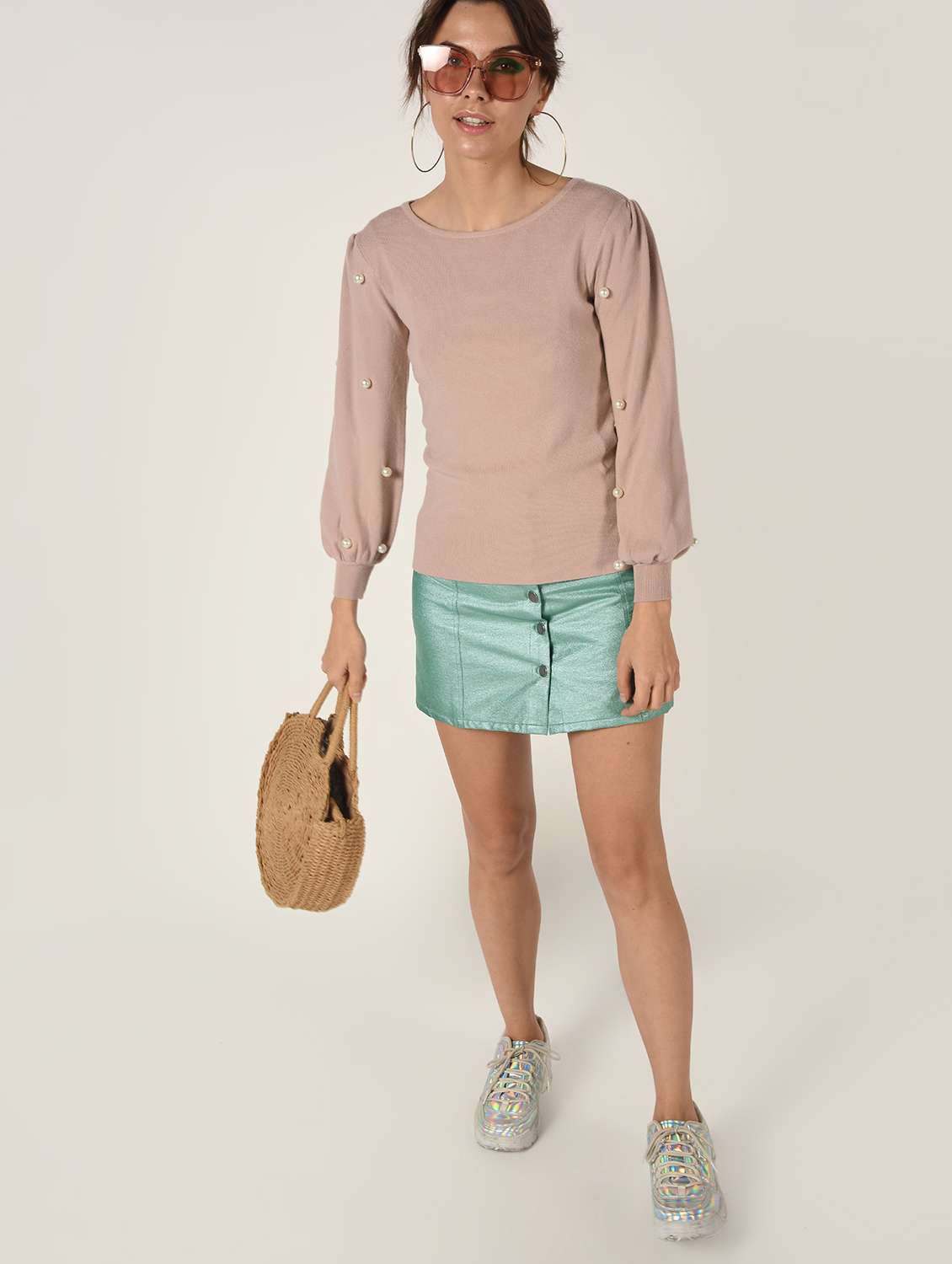 pearl embellished puff sleeved pullover