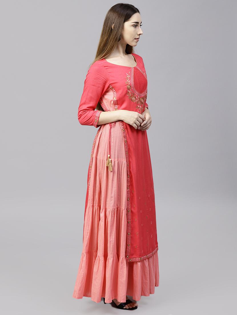 embroidered round neck long kurta with stole - 15901523 - Standard Image - 1