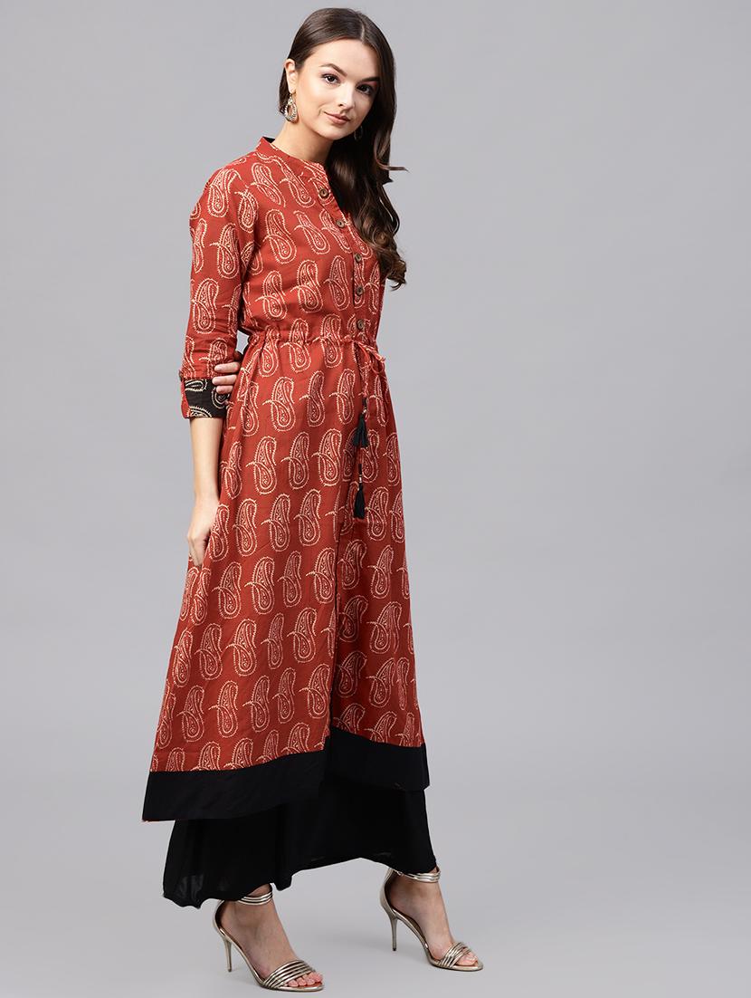 a-line printed kurta with tassels - 15901527 - Standard Image - 1