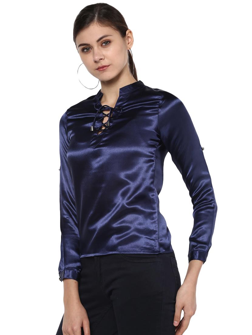 navy criss-cross neck satin top - 15902904 -  Standard Image - 1