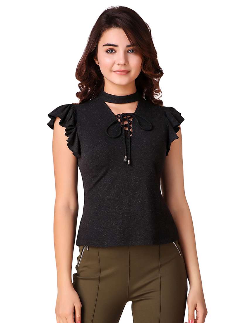 lace up detail ruffle sleeved top