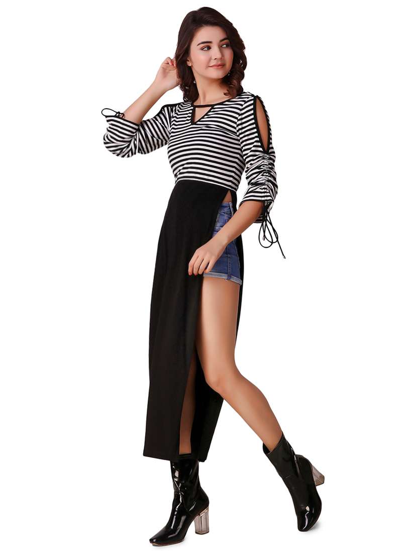 side slit cold shoulder ruched sleeved tunic - 15903831 -  Standard Image - 1