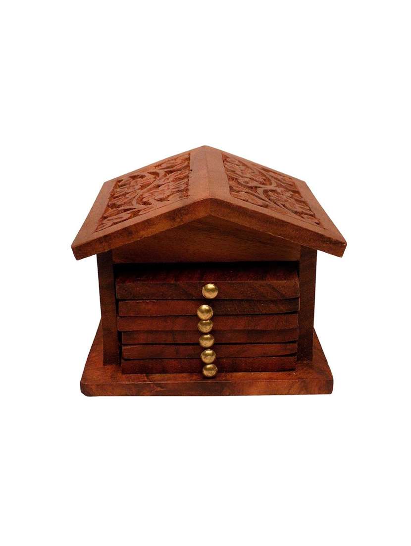 desi karigar brown wooden tea coasters set of 6