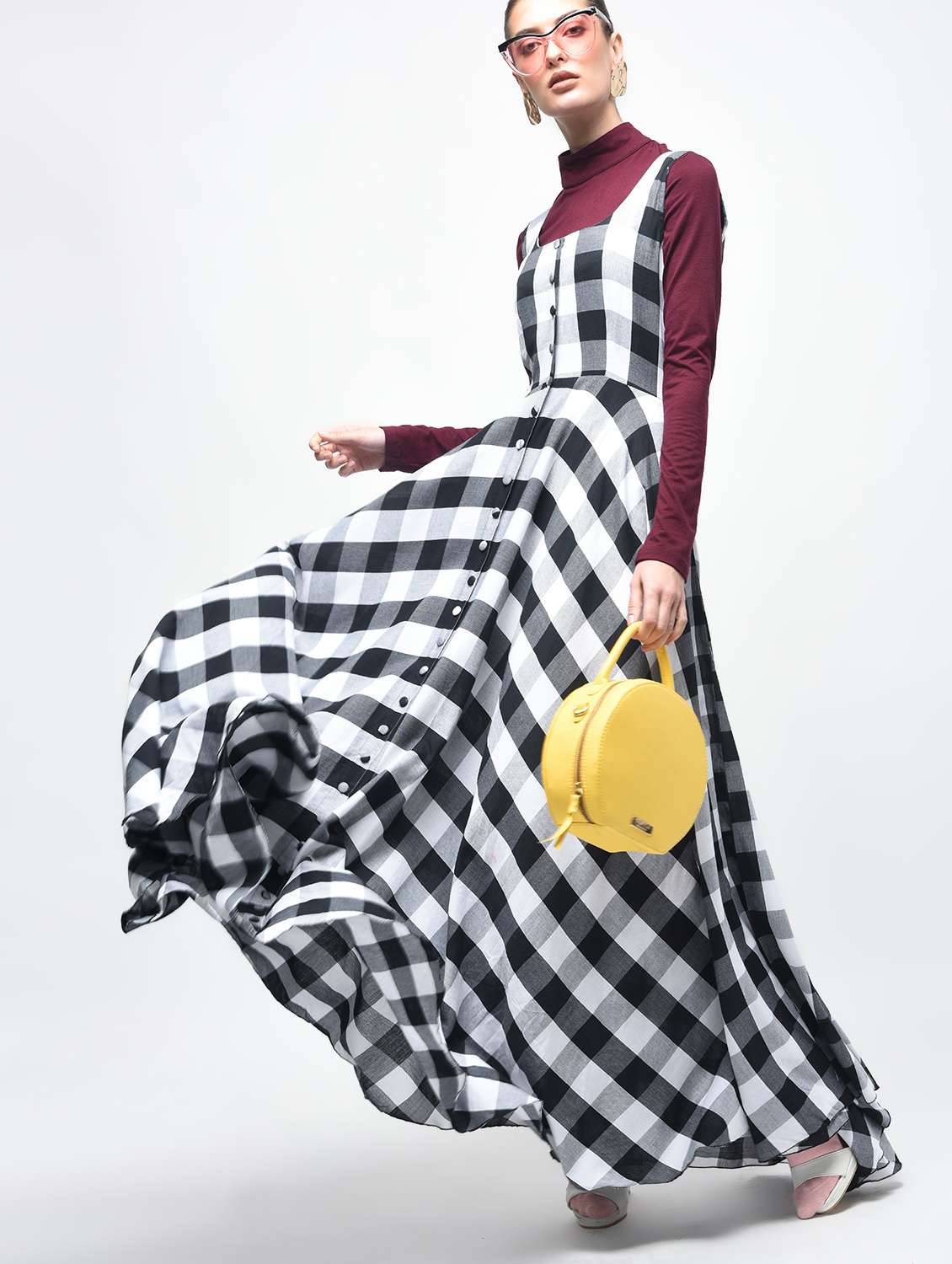 button-up checkered flared dress