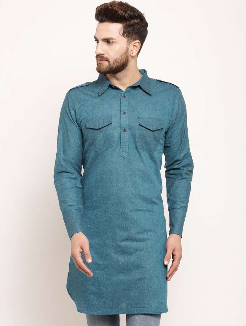 blue cotton pathani kurta - 15908306 -  Zoom Image - 0