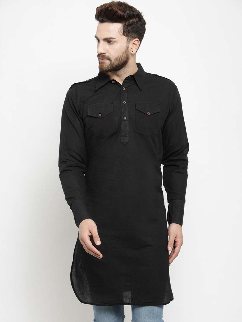 black cotton pathani kurta - 15908308 - Zoom Image - 0