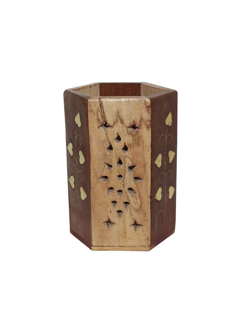 desi karigar brown wooden pen holder - 15908965 - Standard Image - 1
