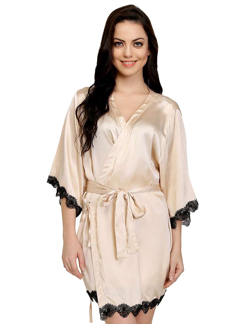 contrast lace trim satin sleepwear robe