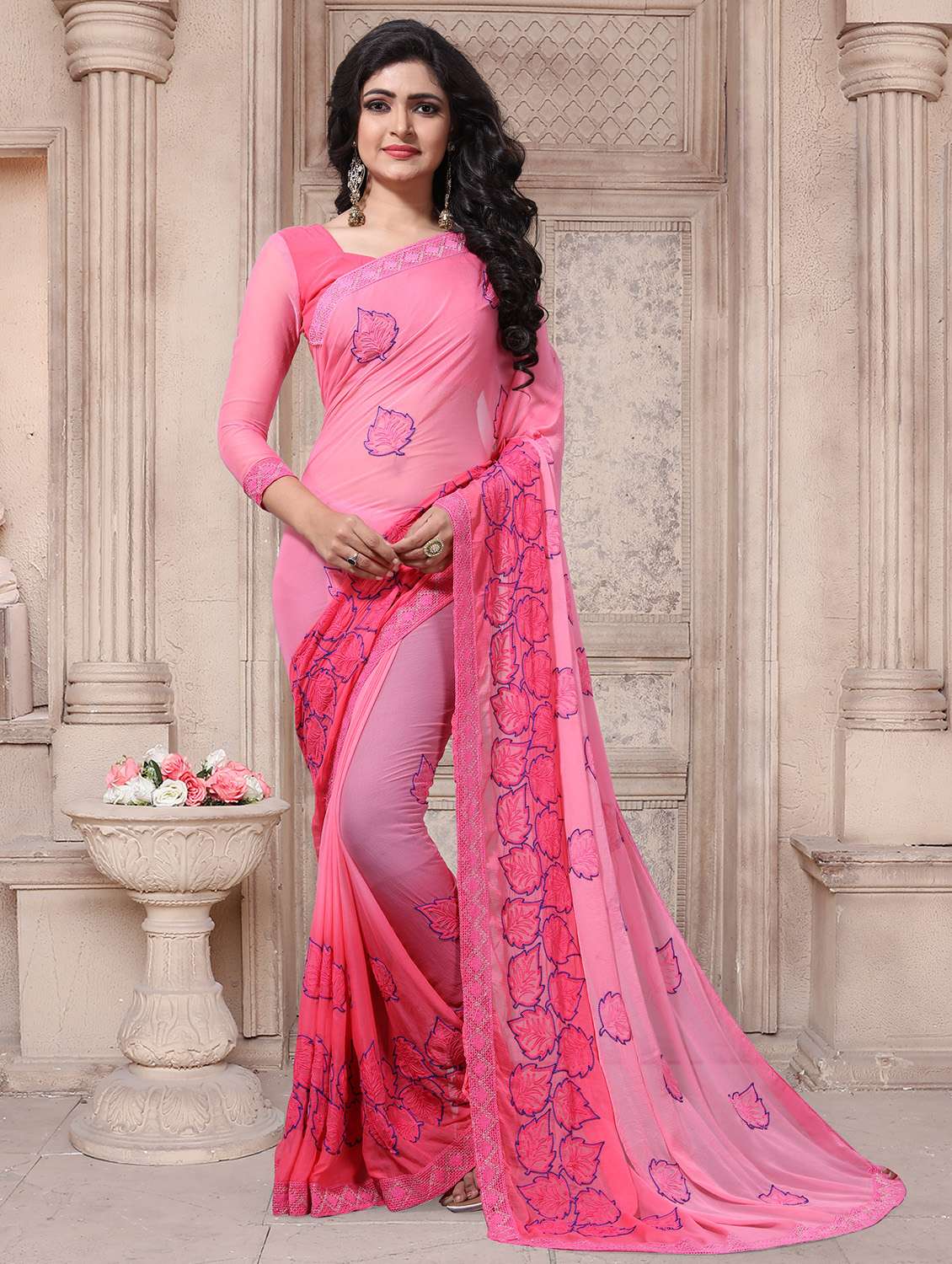 resham embroidered ombre pink saree with blouse