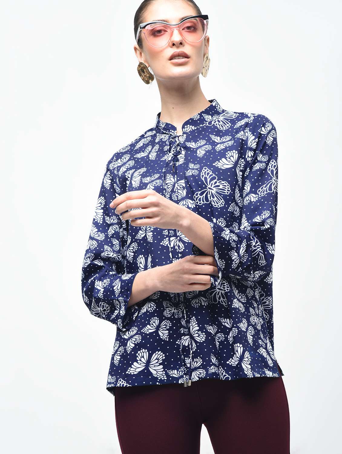tie-up neck butterfly print top