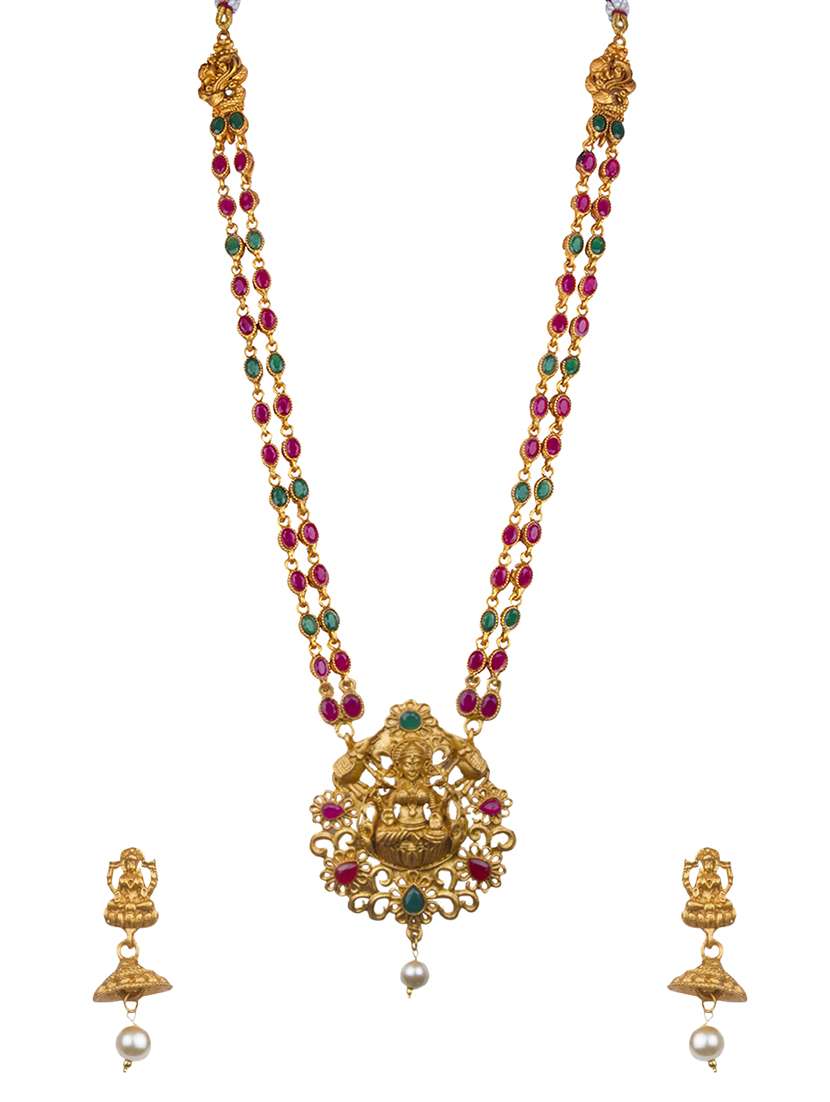 multi colored stone gold tone long necklace with earrings