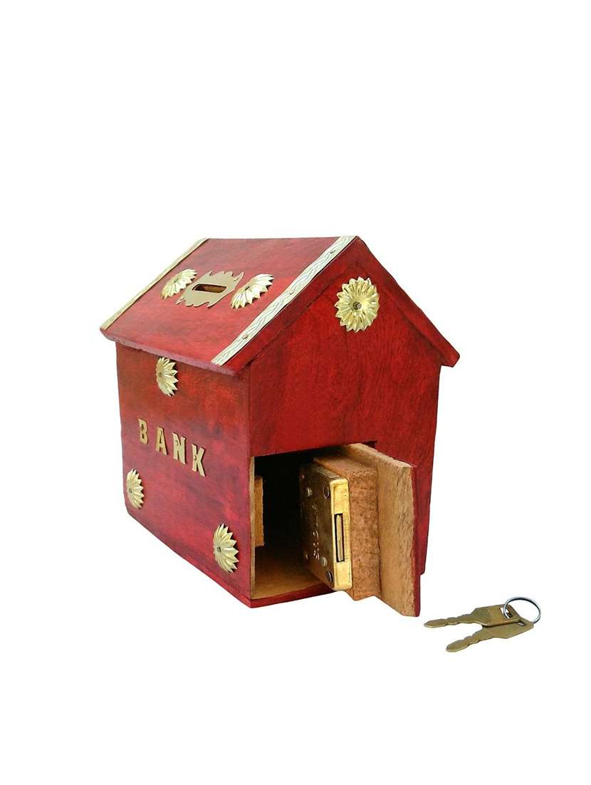 brown wooden money bank for kids