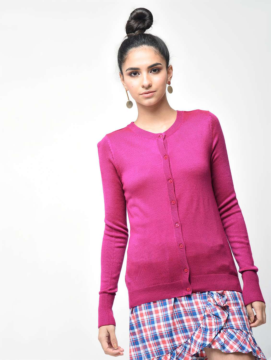 majenta pink round neck cardigan