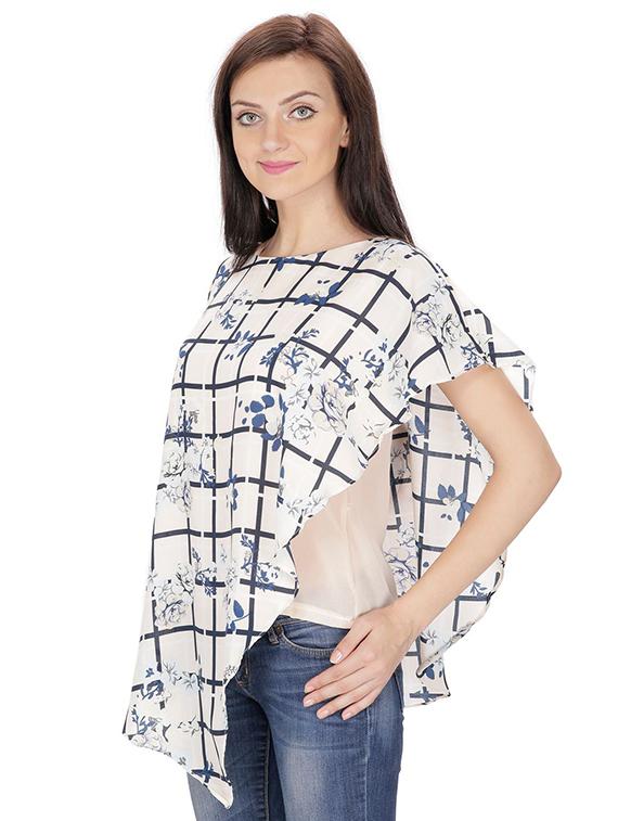 asymmetric checkered floral overlay top - 15916434 - Standard Image - 1