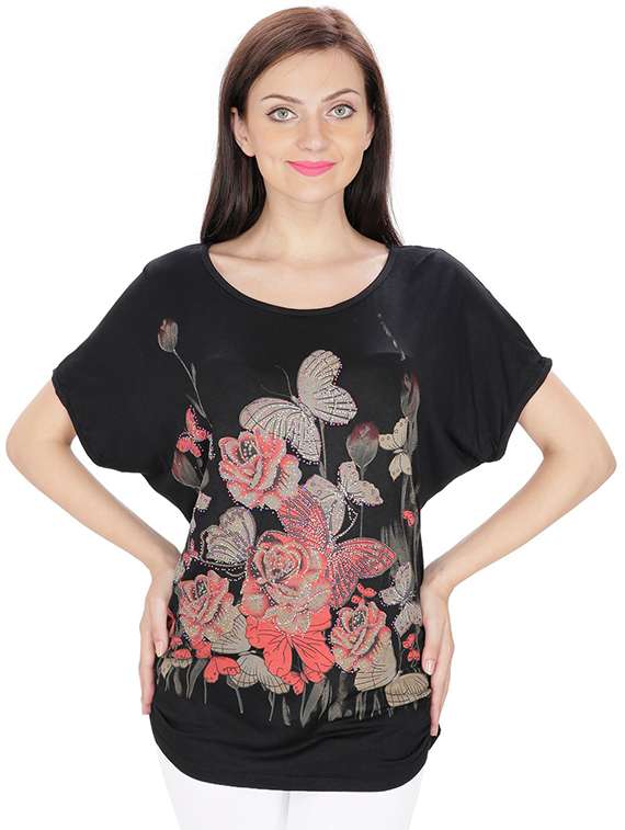 lace paneled graphic print top