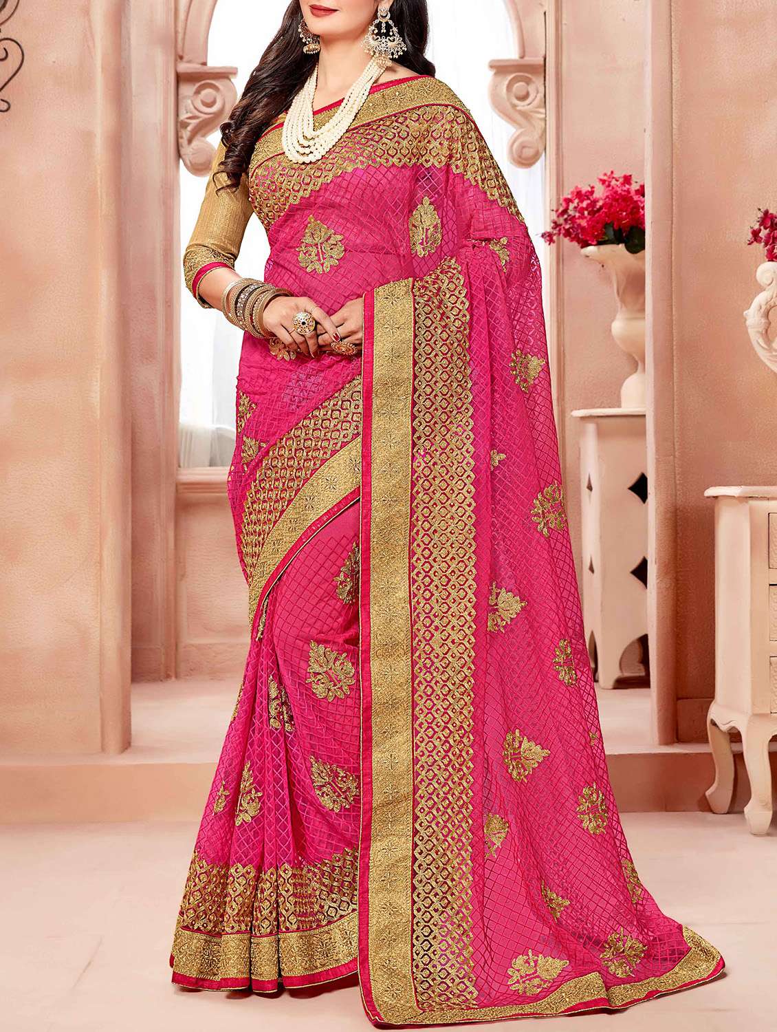 contrast shades embroidered pink saree with blouse