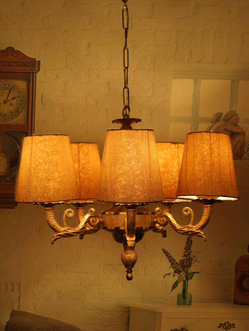 fos lighting  golden white 5 light chandelier in brocade shades