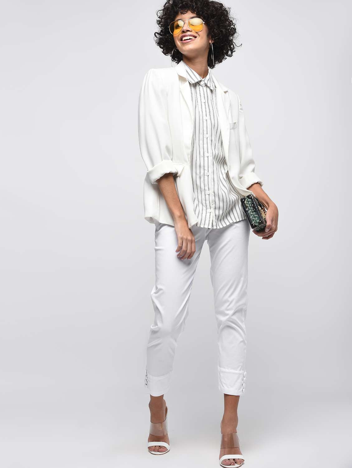 button detail flat front trousers