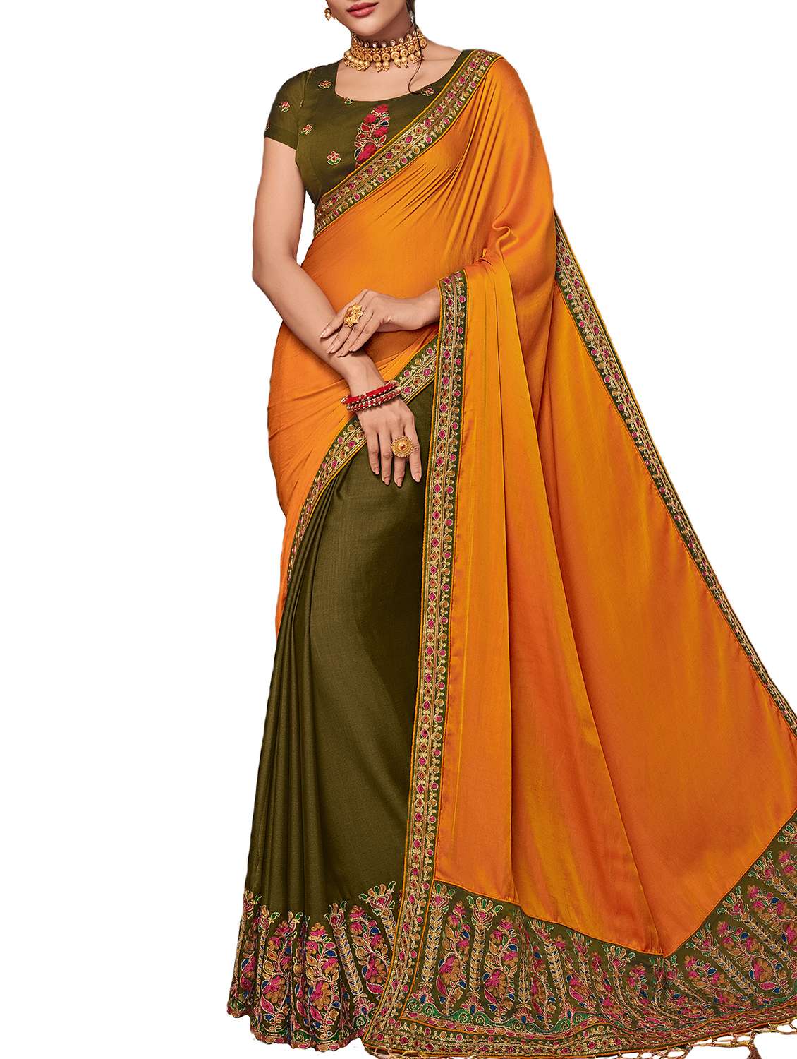floral embroidered mustard half and half saree with blouse