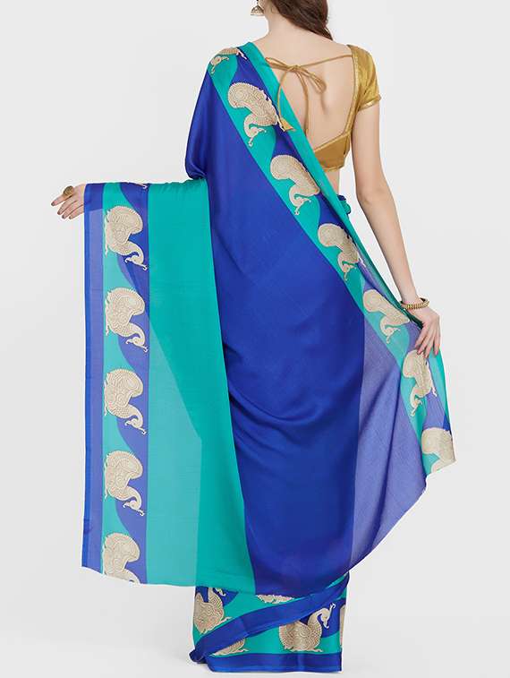kalamkari border blue printed saree with blouse - 15926205 - Standard Image - 1