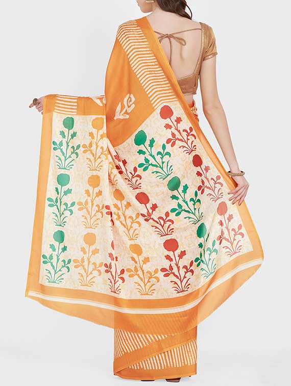 floral batik printed orange saree with blouse - 15926208 -  Standard Image - 1