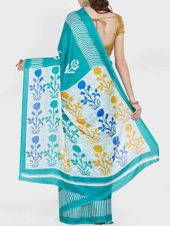 floral batik printed turquoise saree with blouse - 15926209 -  Standard Image - 1