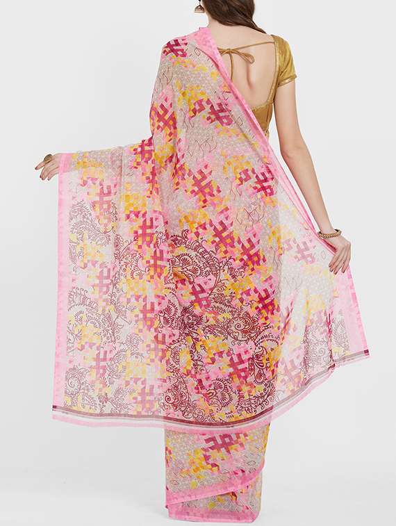 checkered print on print pink saree with blouse - 15926212 - Standard Image - 1