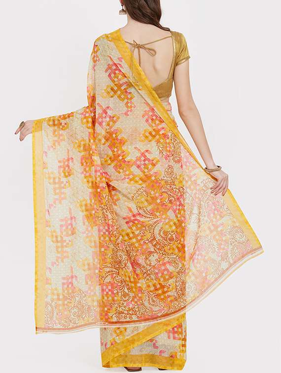 checkered print on print orange saree with blouse - 15926214 - Standard Image - 1