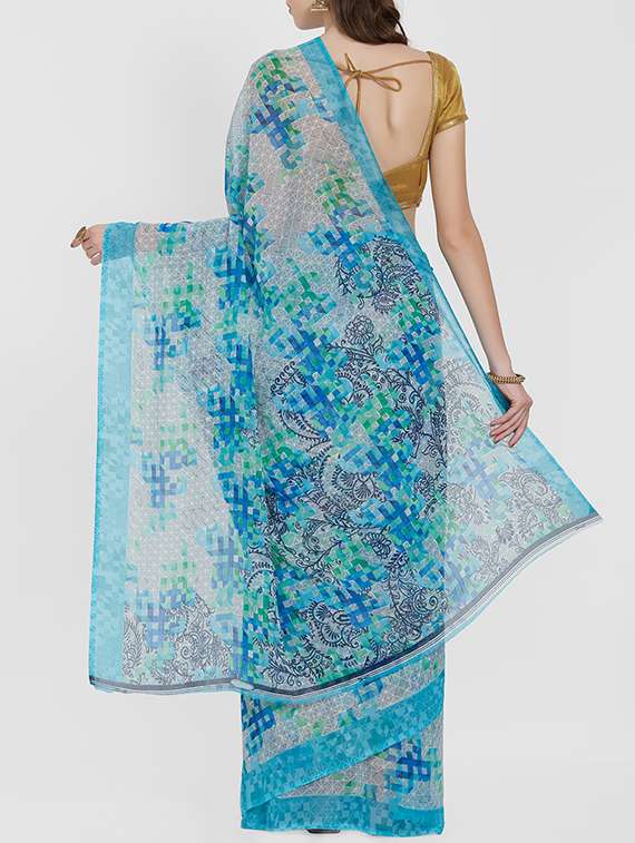 checkered print on print blue saree with blouse - 15926215 -  Standard Image - 1