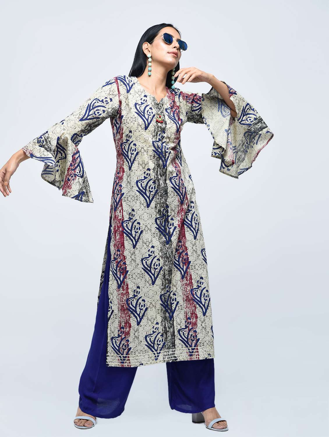 printed bell sleeved kurta with palazzo set