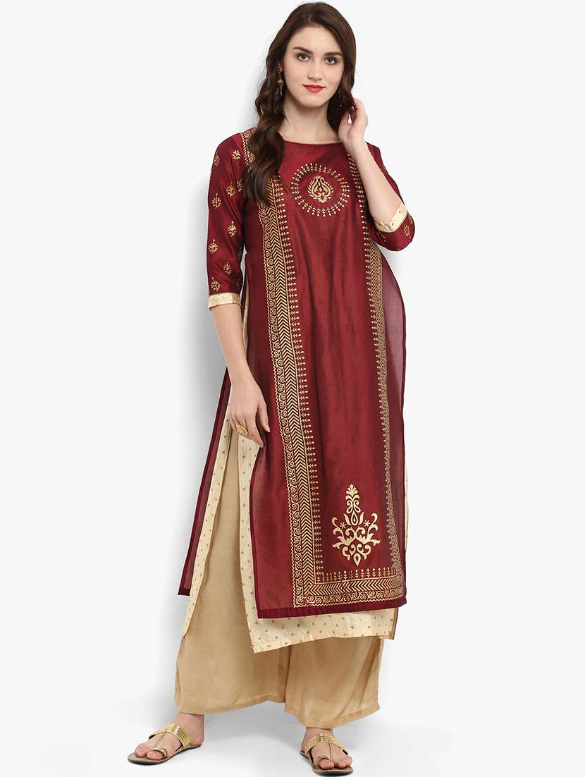 maroon chanderi foil print kurta