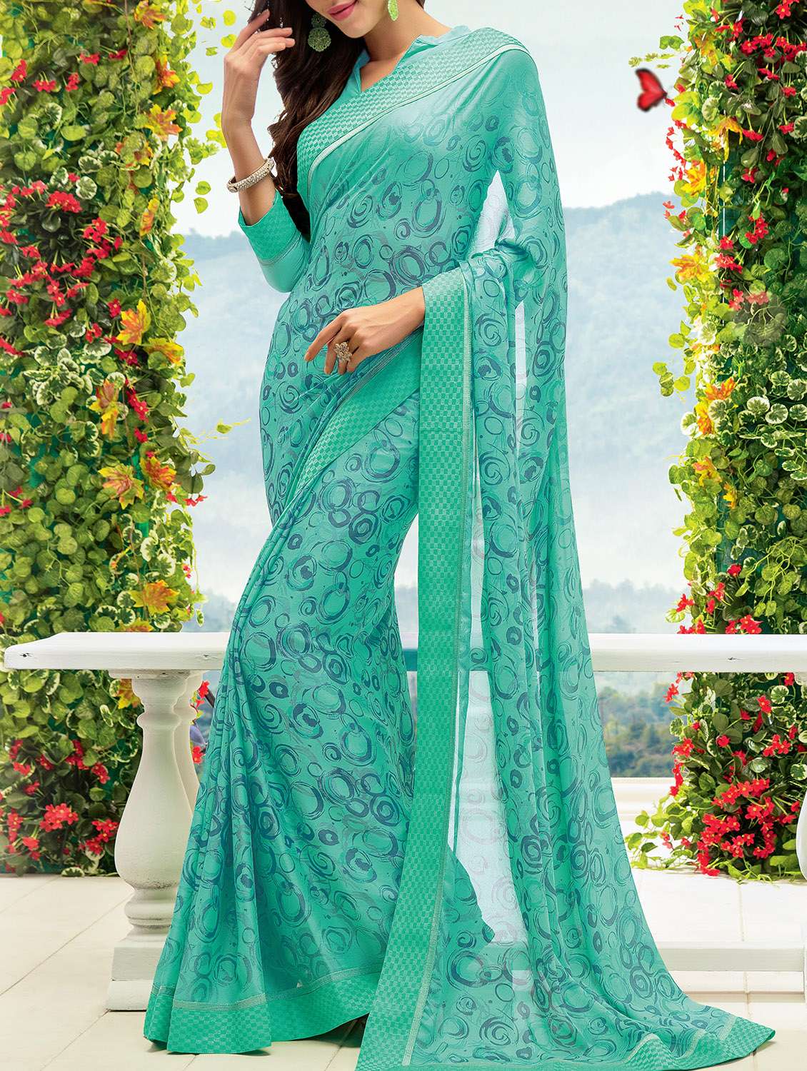 geometrical printed turquoise saree with blouse