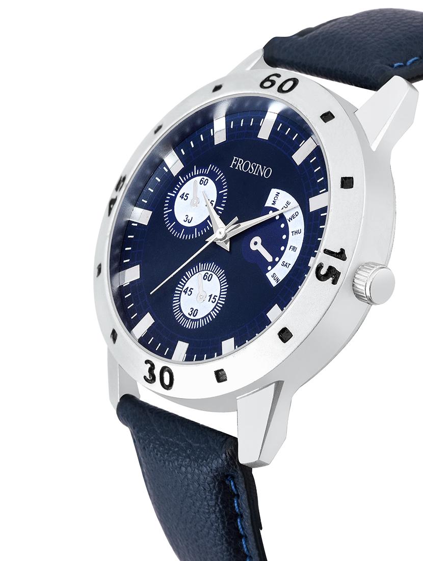 blue dial analogue watch with leather strap - 15933759 - Standard Image - 1