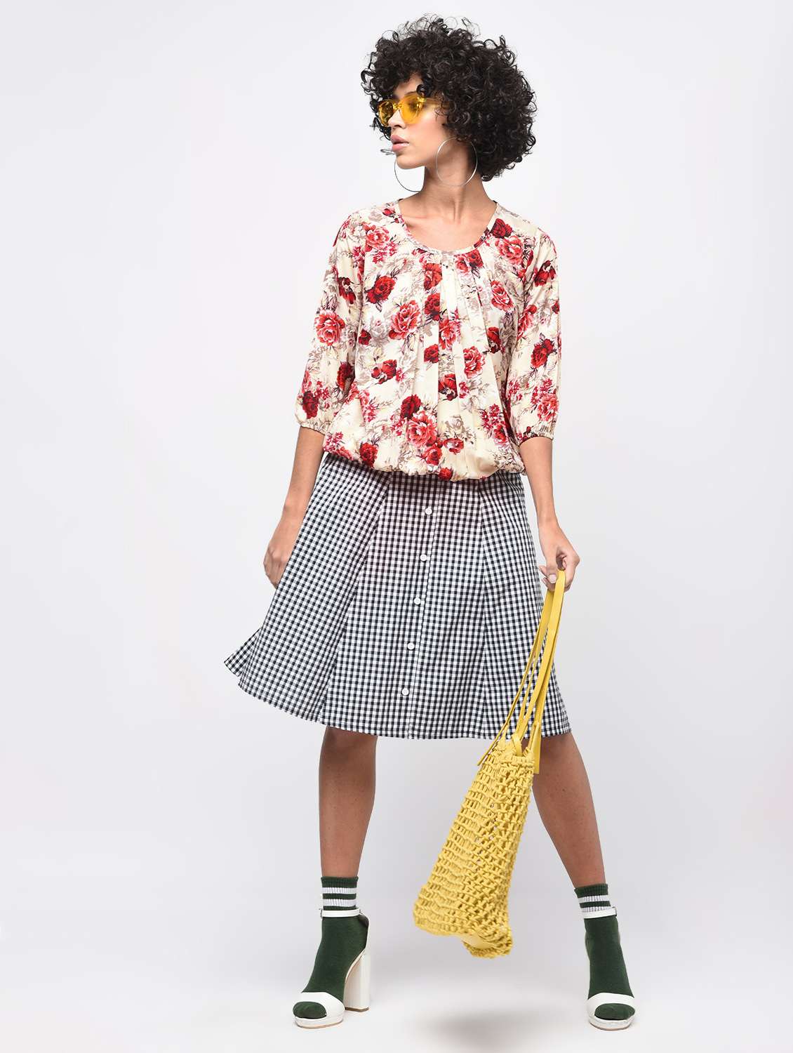 pleated neck floral blouson top