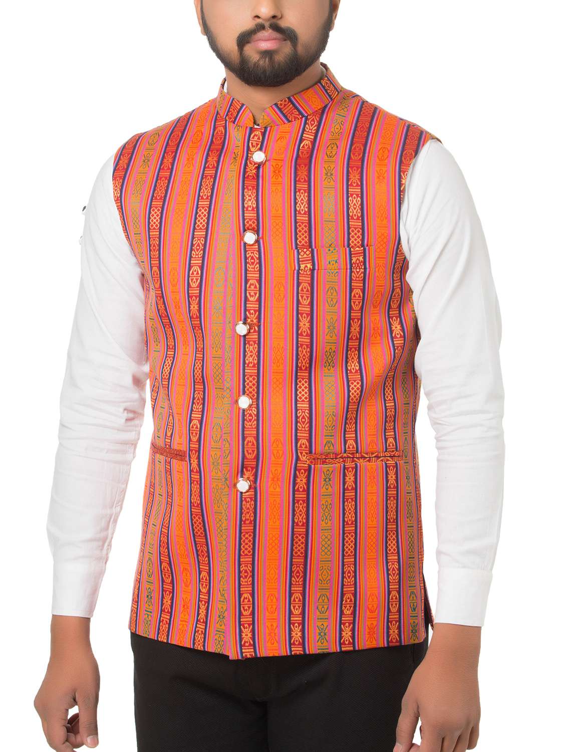 orange cotton blend nehru jacket - 15936711 -  Standard Image - 1