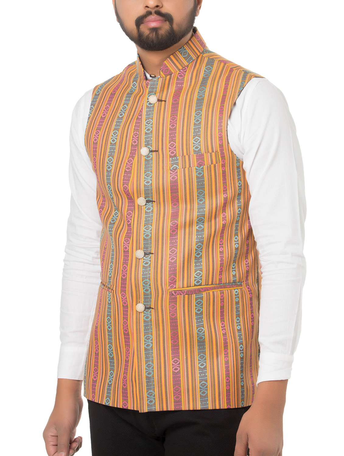 multi colored cotton blend nehru jacket - 15936717 -  Standard Image - 1
