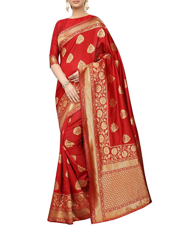 floral zari motifs red woven saree with blouse