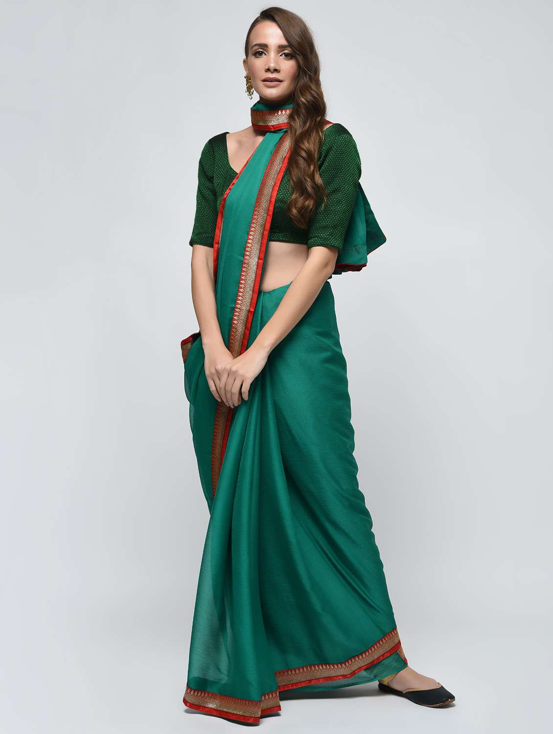 zari lace border turquoise saree with blouse