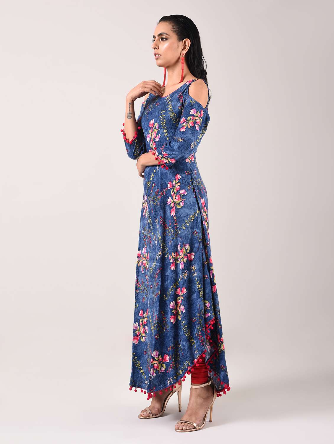 printed asymmetric kurta with  pom pom