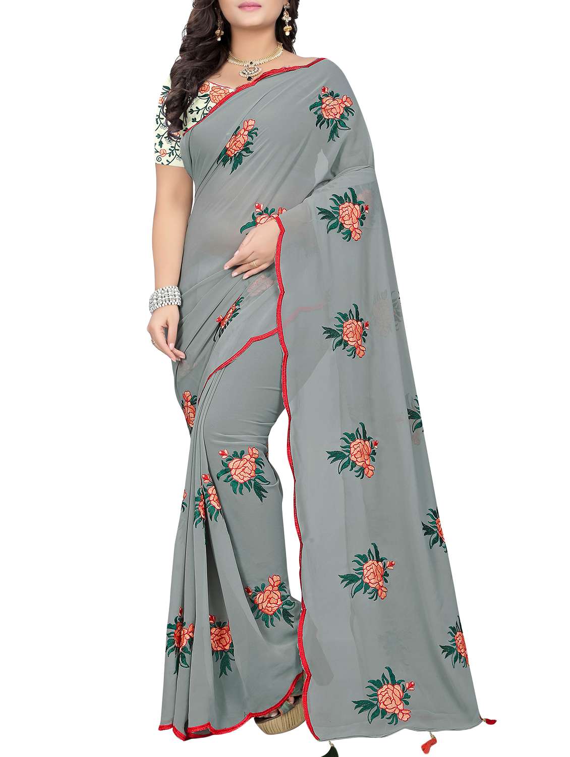 floral grey embroidered saree